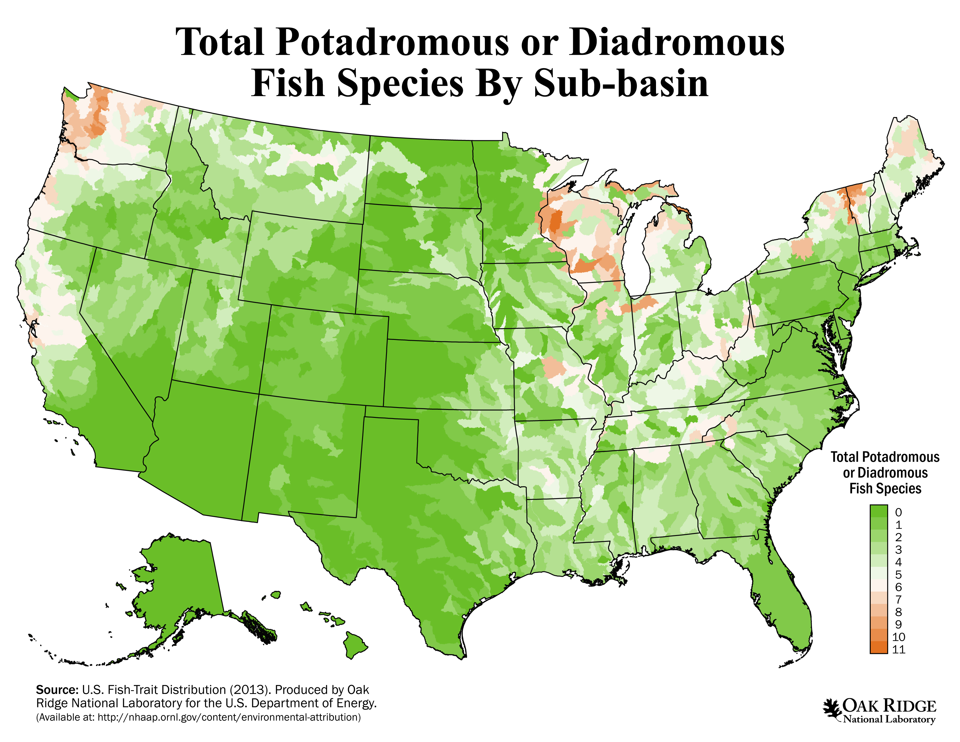 Total Potadromous or Diadromous Fish Species by Sub-basin in the United  States, 2013