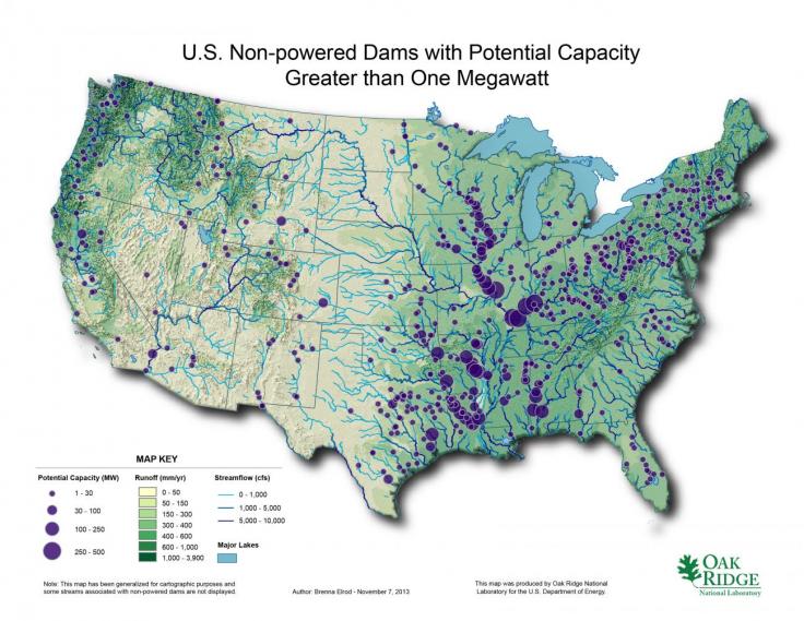 Map of US Non Powered Dams with Potential Capacity > 1MW