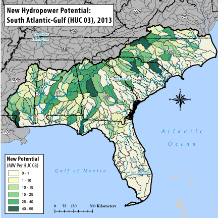 Hydropower Potential from New Stream-Reach Development for South-Atlantic Gulf Region