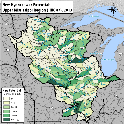 Hydropower Potential from New Stream-Reach Development for Upper Mississippi Region