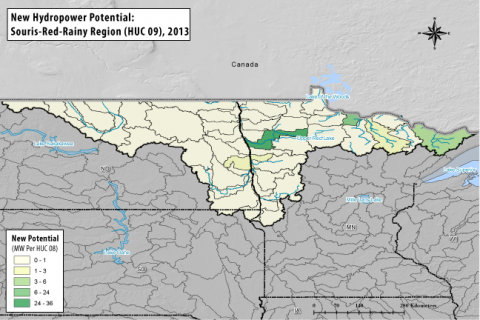 Hydropower Potential from New Stream-Reach Development for Souris-Red-Rainy Region